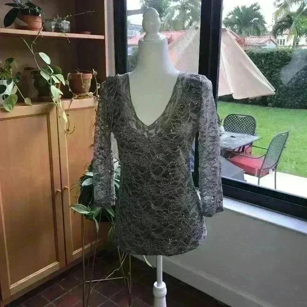 Boston Proper Silver/Gray Lace Top w/embellishment long sleeve Size M V Neck